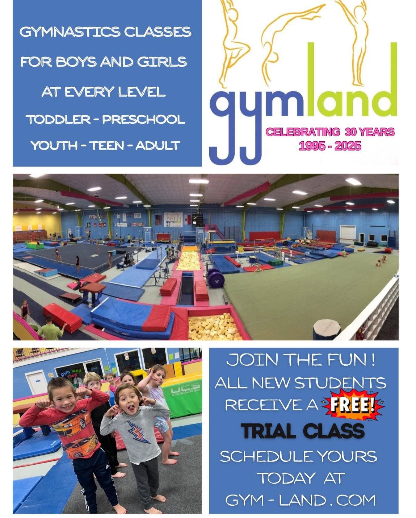 Looking for a fun activity that builds strength and confidence for your child? Gymland offers gymnastics classes for all ages &amp; levels with open enrollment year-round. Try a FREE class today! 
➡️ Enroll at link in bio or go to Gym-land.com