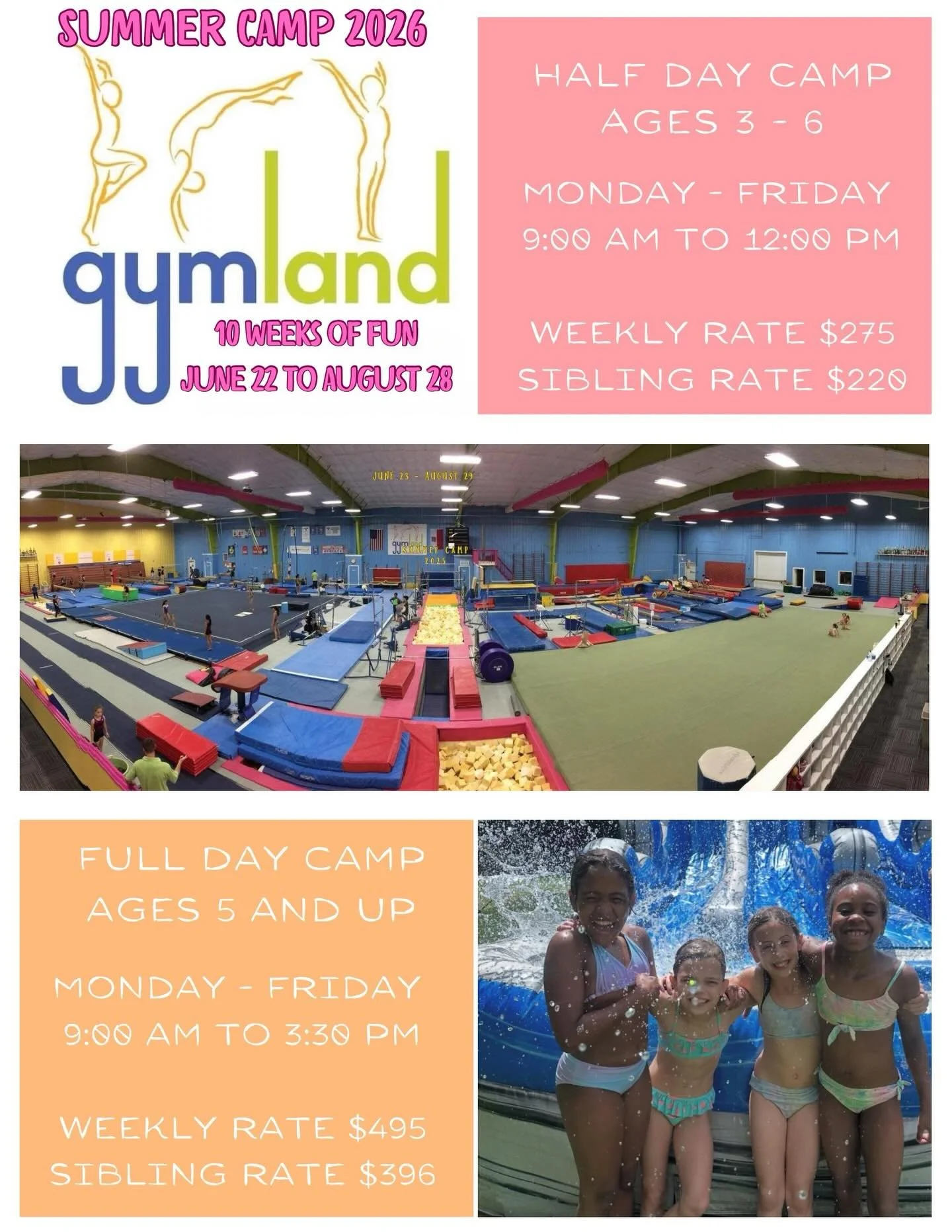 Summer Camp Registration is Open! Every week = a NEW adventure at Gymland Summer Camp ☀️ Each week features a new theme with exciting activities to match.
🤸&zwj;♀️ Gymnastics, foam pits &amp; trampolines
🎨 Crafts, games &amp; zip line 
💦 Water sli
