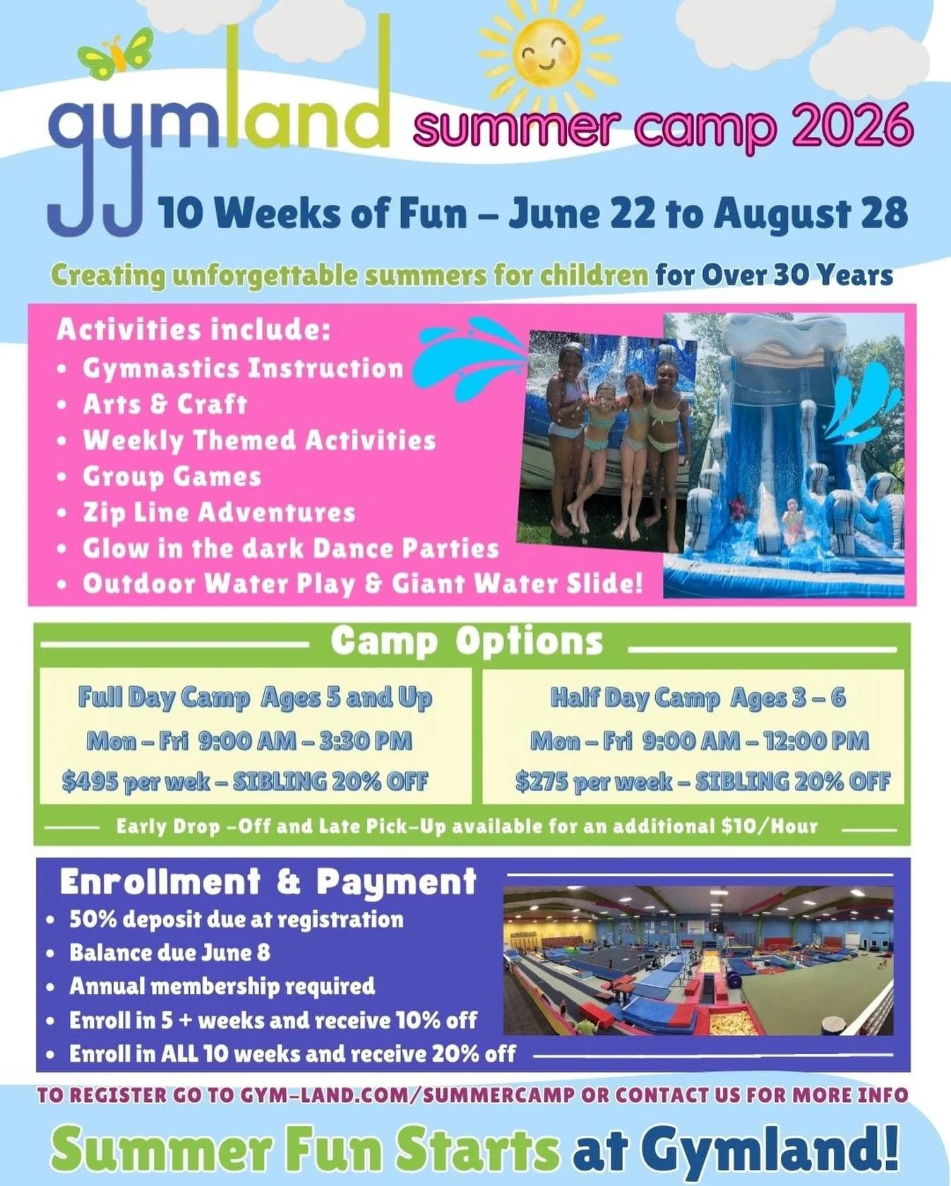 Summer Camp Registration is NOW OPEN! While Winter has us snowed in, it is the perfect time to start dreaming about warmer days and SUNMER FUN AT GYMLAND! ☀️ 
GO TO GYM-LAND.COM TO REGISTER!
#SummerFun #NJCamp #GymnasticsCamp #NJKids