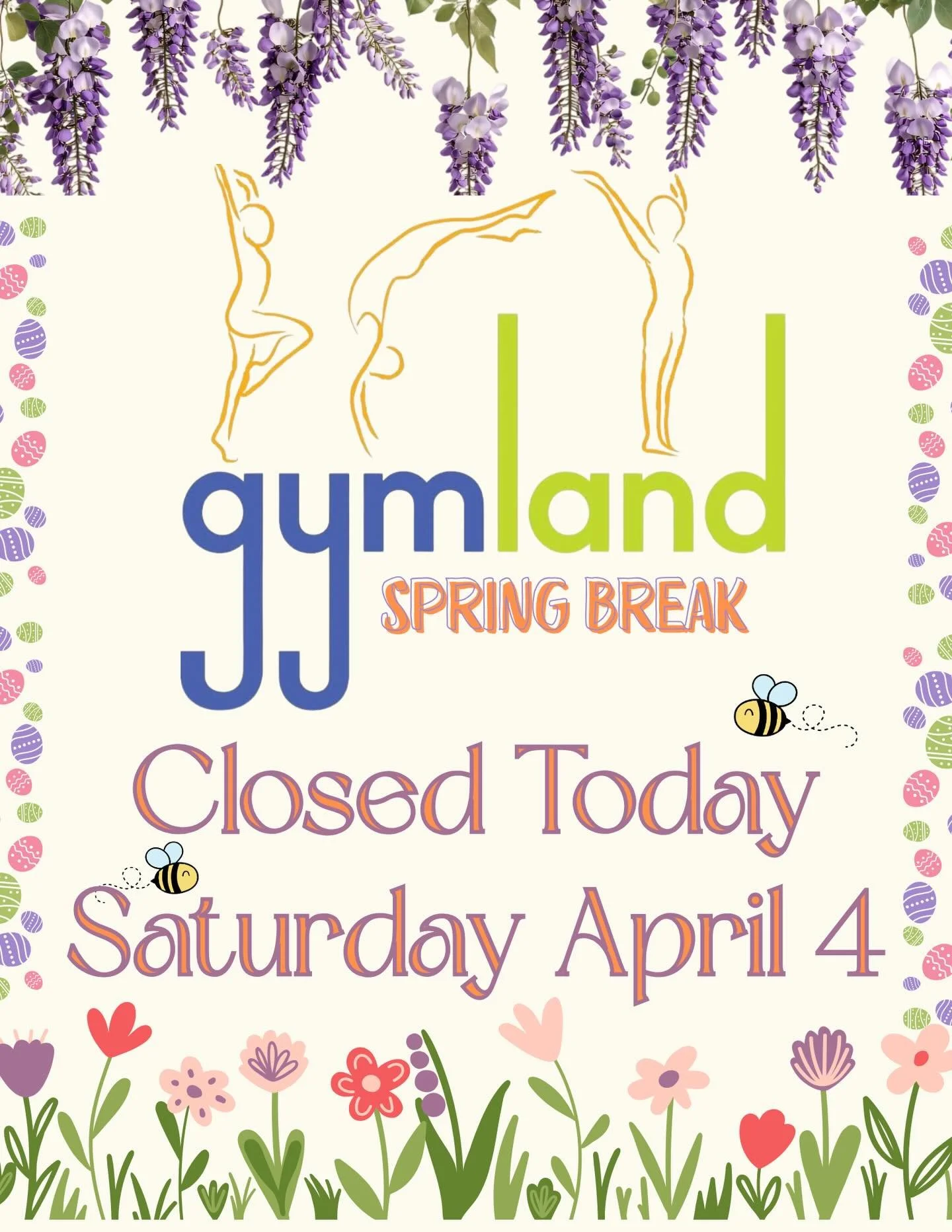 Gymland will be closed Saturday, April 4 and Sunday, April 5 for Spring Break 🌸
We hope everyone enjoys a wonderful weekend, and wishing all who celebrate a Happy Easter! 🐰
We&rsquo;ll be back to our regular schedule on Monday.