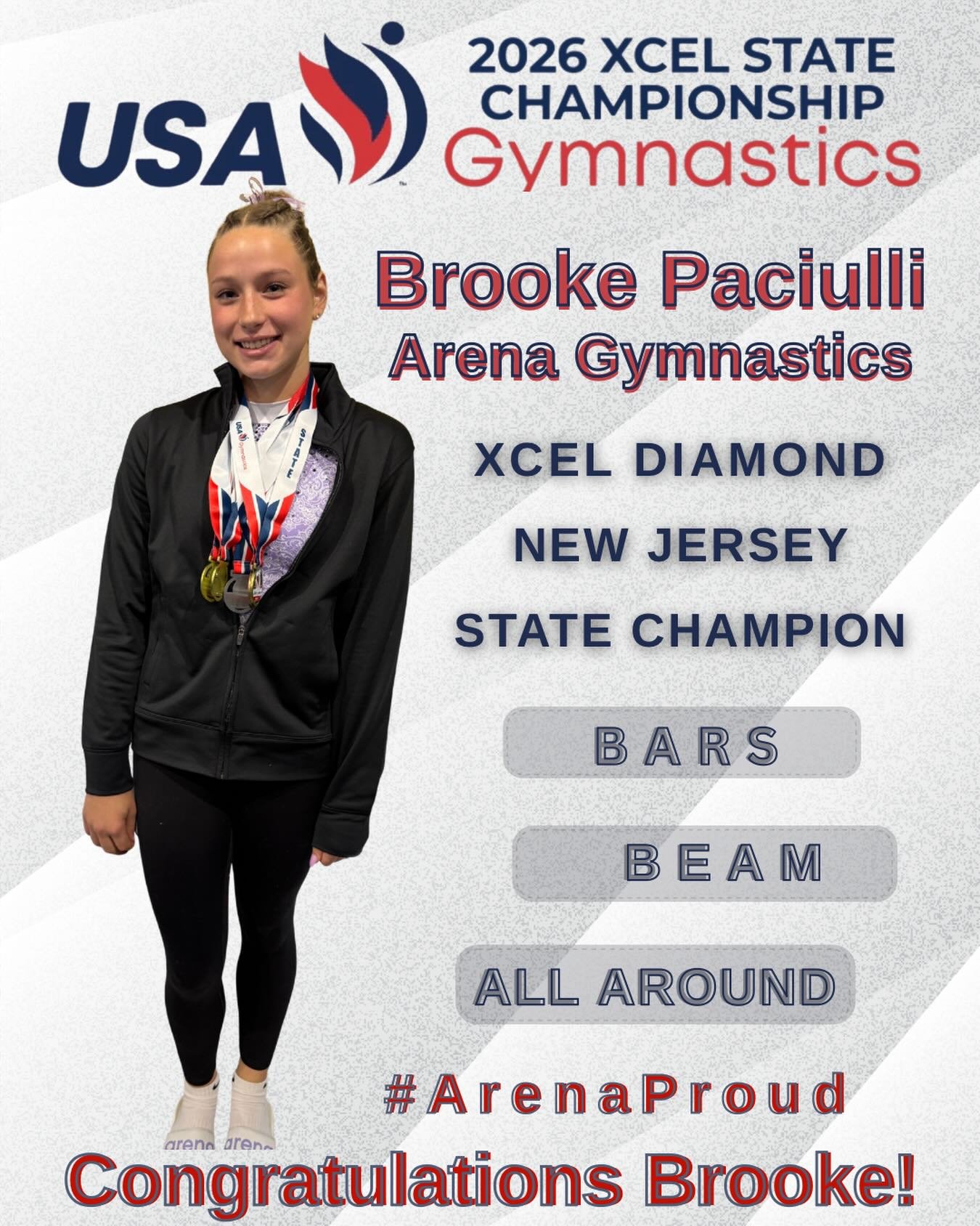 Join us in celebrating Brooke Paciulli, the 2026 New Jersey Xcel Diamond State Champion on Bars, Beam, and All-Around !!!!! ✨and the new New Jersey All-Around State Record Holder with an incredible 38.45!🏆 Your hard work, dedication, and determinati