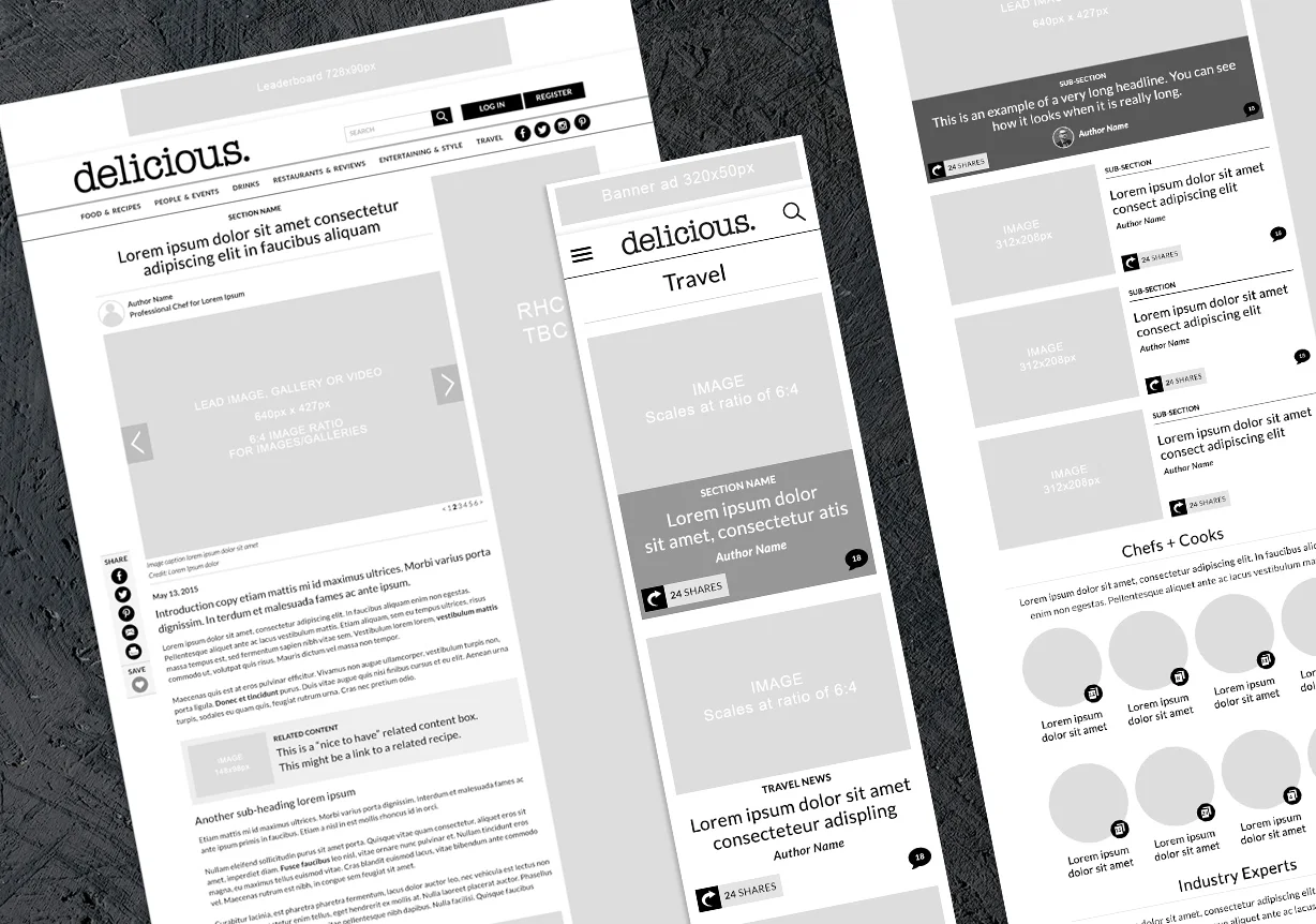 Delicious responsive wireframes