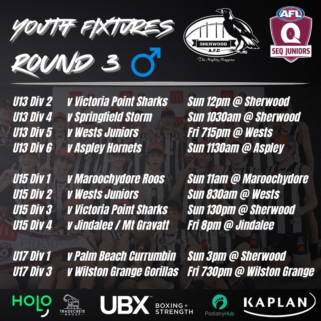 YOUTH FIXTURES -  Round 3 ✅

Another big weekend of footy, with some classic local rivalries along with some old fashioned road trips.  It's only early days, but already a top of the table clash for the u15D1 boys in what should be a good early seaso
