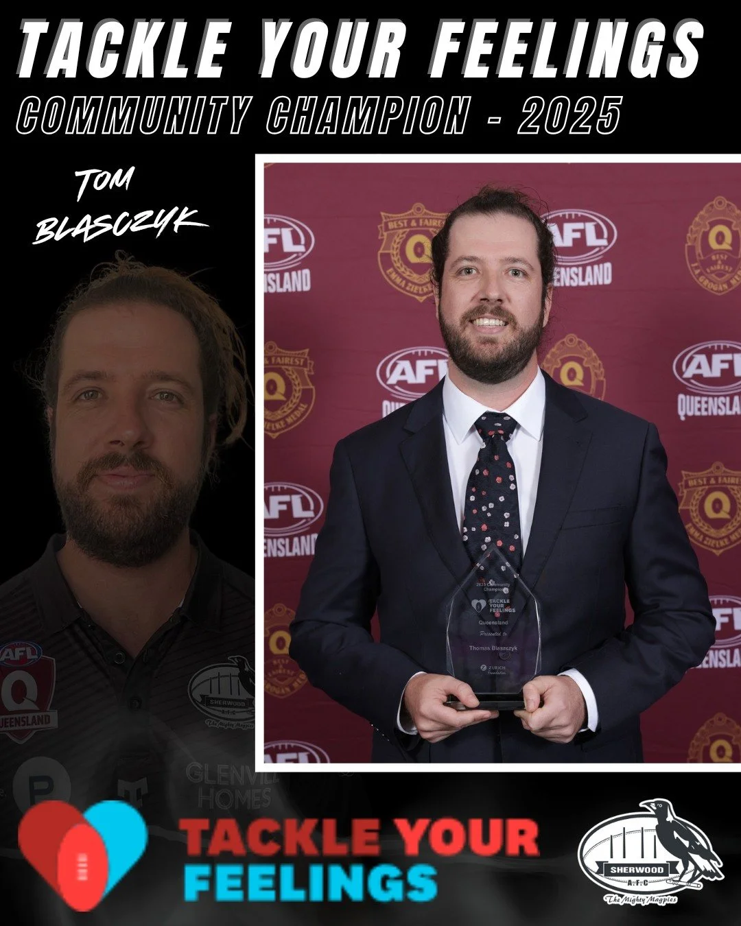 2025 - TACKLE YOUR FEELINGS COMMUNITY CHAMPION AWARD 🎗

A huge congratulations to Tom Blascyk for winning this award for 2025.

Tom is in charge of Athlete Wellbeing at the Magpies, with his purpose each week to assist players in maximising their we