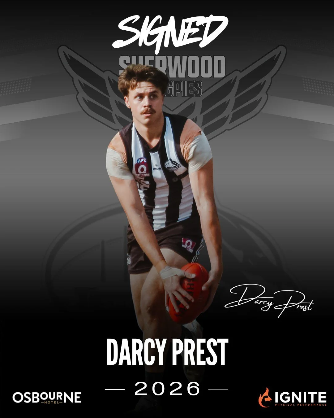 PRESTY SIGNS ON 📝

Magpie junior and our 2025 Vice Captain, Darcy Prest is back for 2026.

Aged just 23, and despite some serious injuries he has cracked up over 70 senior games already and is a bonafide stalwart of the competition.  A smooth mover 