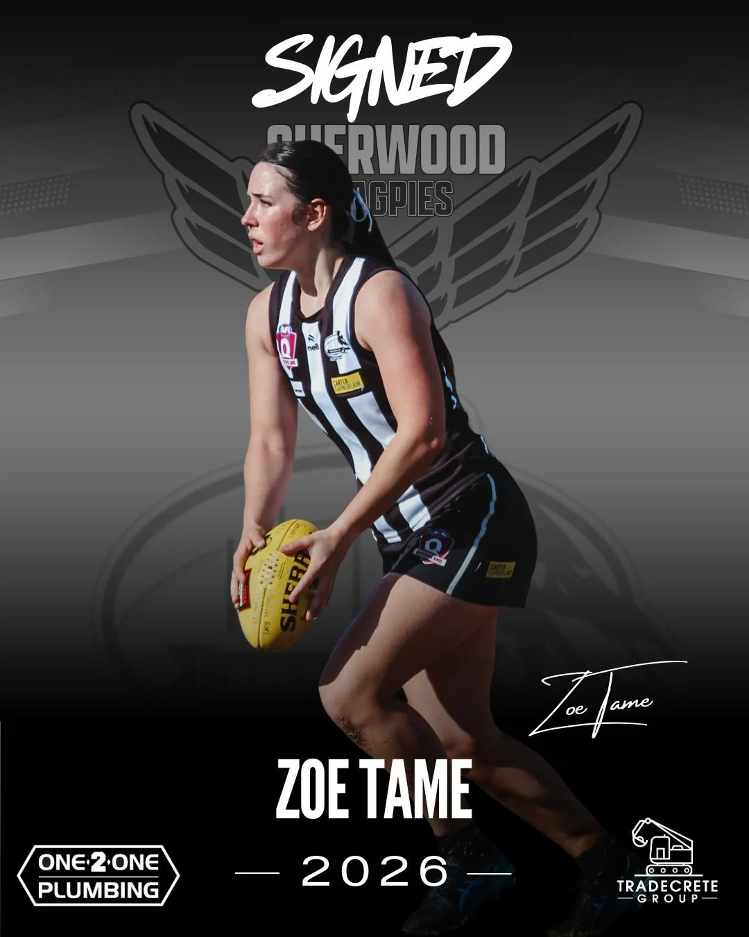 ZOE TAME SIGNS ON FOR 2026 📝✅

The Magpies are delighted to confirm Senior Premiership defender and 2025 Co-Captain Zoe Tame is back for 2026.  A strong competitor who can clear the defensive 50, it's been a bright start to her Senior career and we 