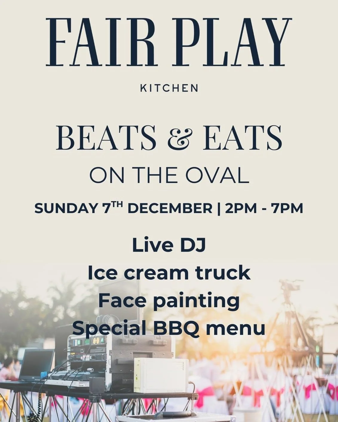 Beats &amp; Eats  TODAY 💿🎵

Live DJ ✅️
Ice Cream truck ✅️
Face Painting ✅️
Special BBQ menu ✅️

See you there from 2pm 🕺🍦🎨🍖

#SundaySesh
