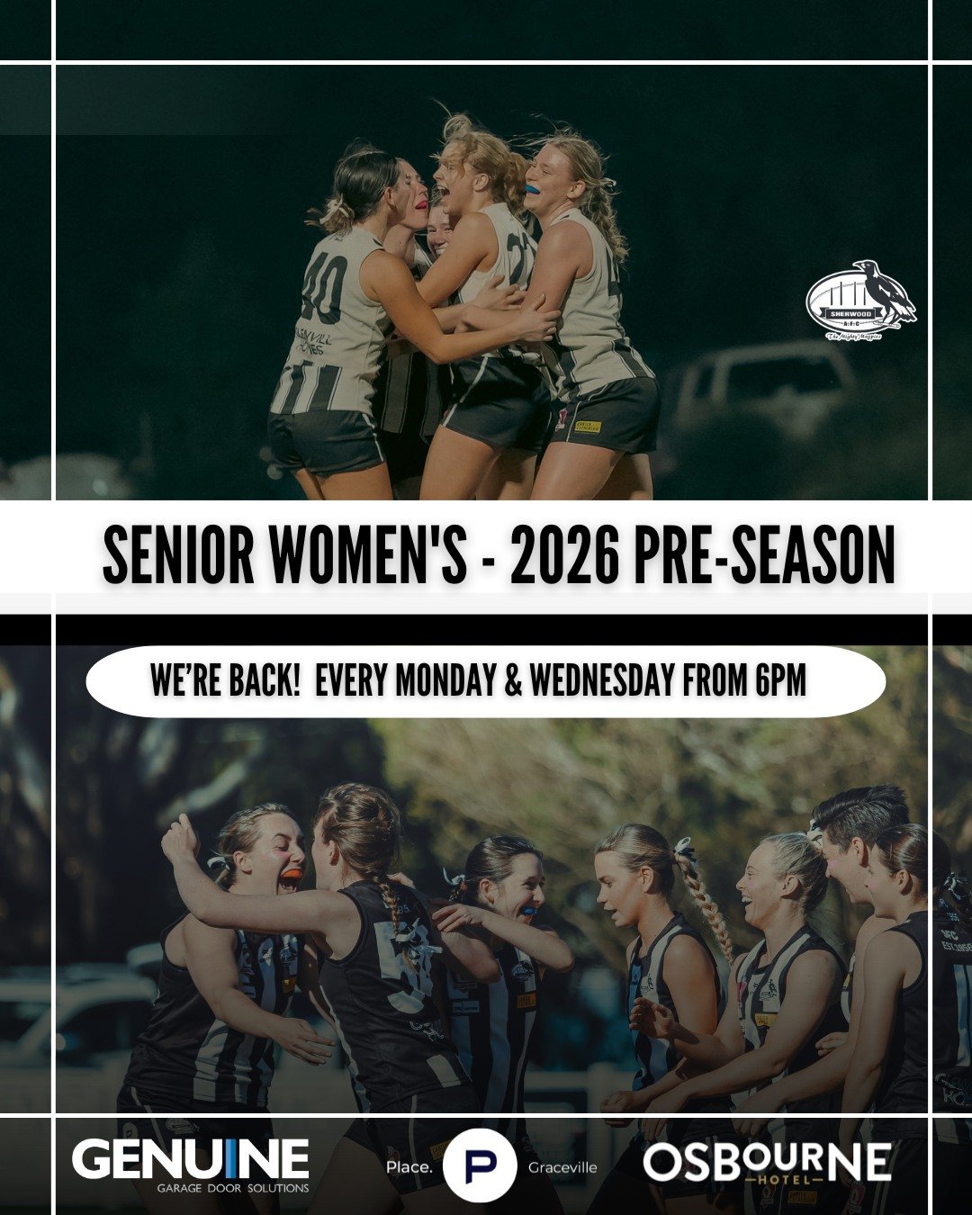 WE'RE BACK - SENIOR WOMENS FOOTBALL - 2026 PRE-SEASON ✅

The ladies hit the track tonight from 6pm ahead of a huge 2026 season.

For any further information feel free to contact Chris Bloor 0412 008 814 or email gm@sherwoodmagpies.com.au

#YTG #GoPie