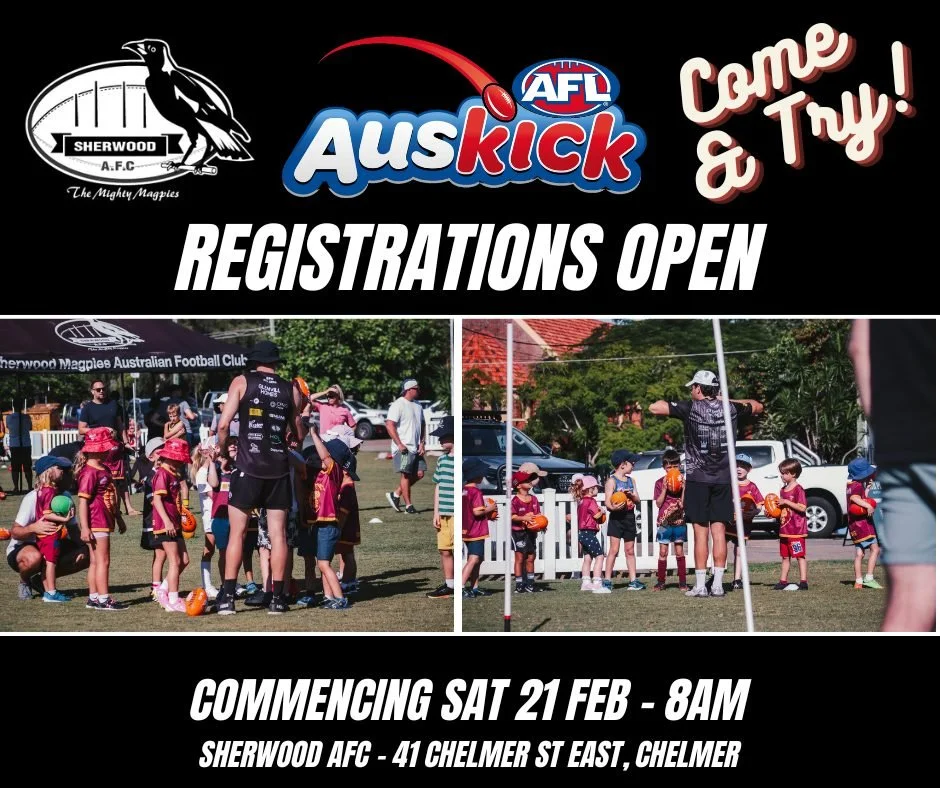 🏁 Auskick - REGISTRATION 🏁

It's time for the next generation of Magpies to start their journey with Auskick at Sherwood commencing 21 Feb.

Just $90 for 8 sessions before optional graduation into the Superkick program!
Includes:
✅ Auskick Pack
✅ O
