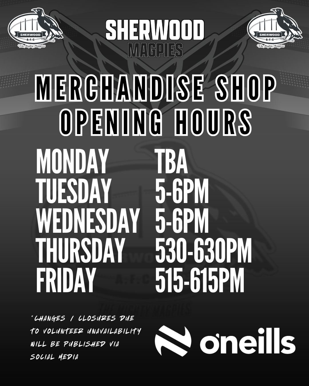*MERCH STORE OPENING HOURS*

Please note that we are still chasing a few extra helping hands, especially a Monday night volunteer - get in touch with merchandiseshop@sherwoodmagpies.com.au to lets u know if you can help!

2026 Training Tees are yet t