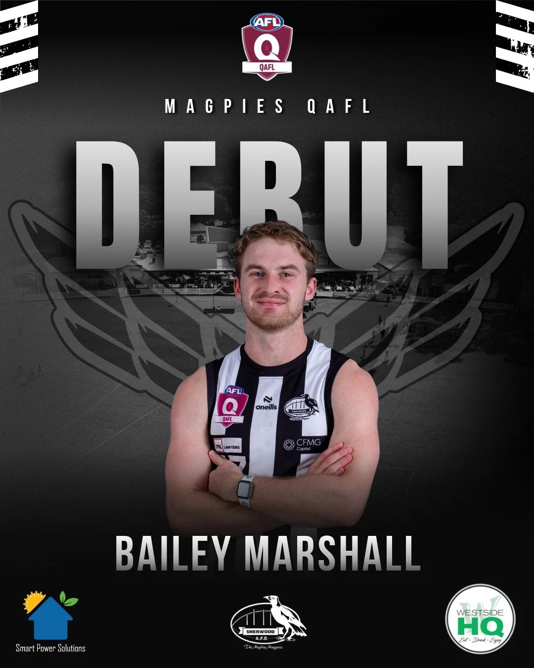 MAGPIES QAFL DEBUTS 🏁

The Magpies welcome 3 x club debutants at Senior level this week in Bailey Marshall, Jai Lette and Jasper Delaney-Taylor.

Marshall joins familiar colours having played over 100 Senior games for Scoresby in the Eastern Footbal