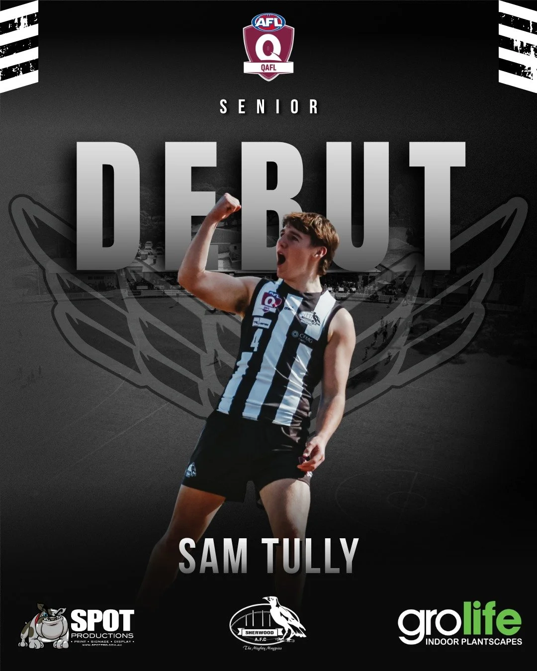 QAFL SENIOR DEBUT - SAM TULLY ✅

Congratulations to 2025 Colts Best &amp; Fairest Winner, 19 year old Sam Tully on his Senior Debut tomorrow for the Magpies.

A prolific ball winning inside midfielder who can sniff out a goal from the tightest contes