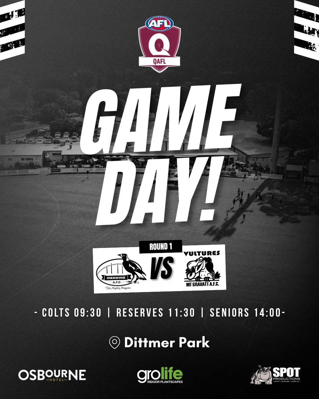 IT'S GO TIME - GAME DAY IS HERE ✅

Get yourself to Dittmer Park from 930am to watch a full day of QAFL Footy as the Vultures host the Magpies with the Pelly-Selvage Cup on the line from 2pm.

#GoPies ⚫⚪⚫