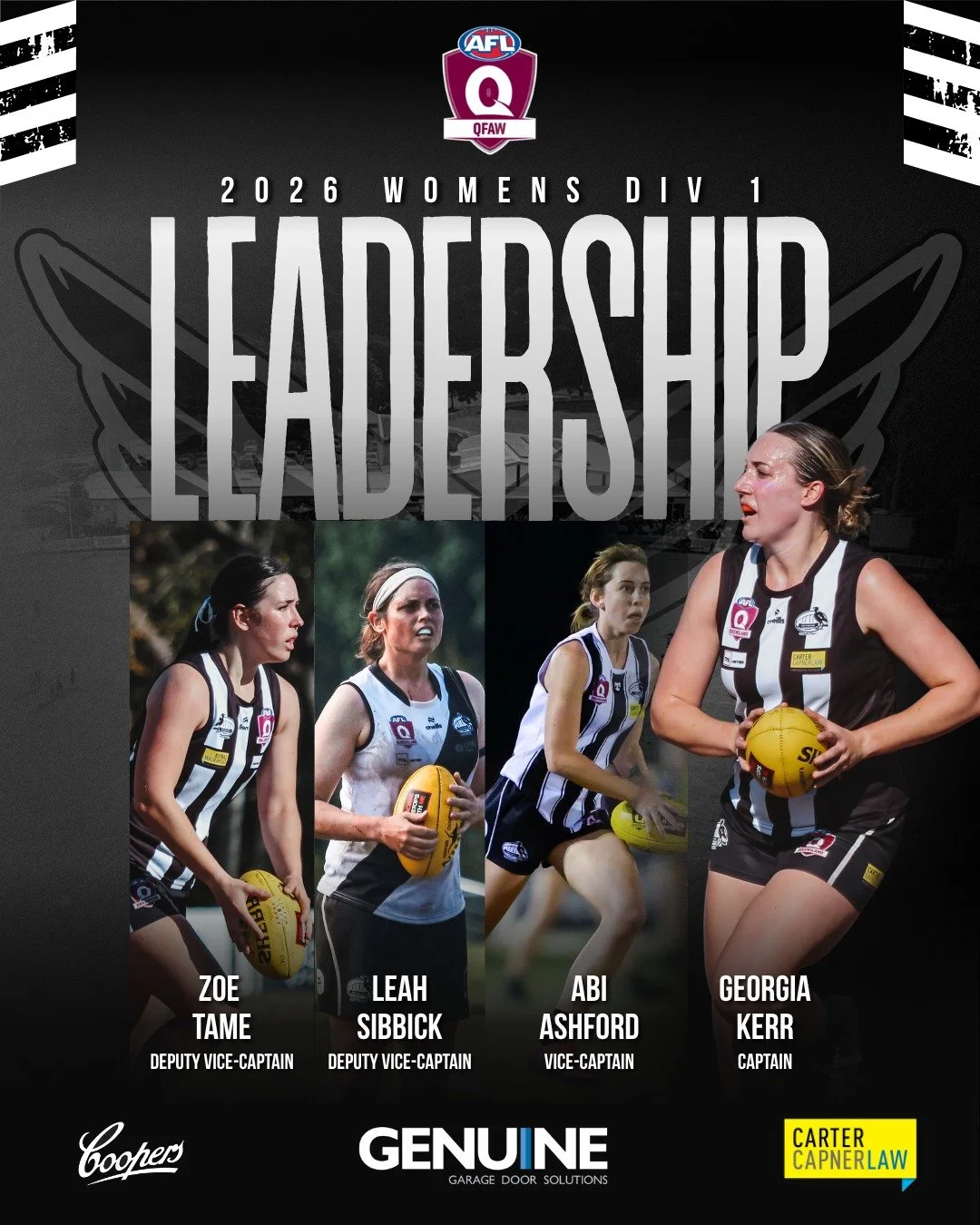 QFAW  SENIOR LEADERSHIP 2026 ✅

As Round 1 approaches next week, we are delighted to confirm the Senior Leadership for Season 2026.

Assuming the captaincy in 2026 is the ever reliable Georgia 'GK' Kerr who recieved overwhelming support from her peer