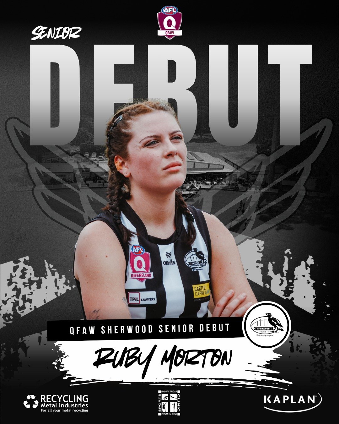 QFAW SENIOR DEBUT - RUBY MORTON ✅

Sherwood are excited to welcome Ruby Morton for her senior debut this weekend.
In just her second year of footy, Ruby has already made a strong impression around the club, earning Most Consistent honours in Division