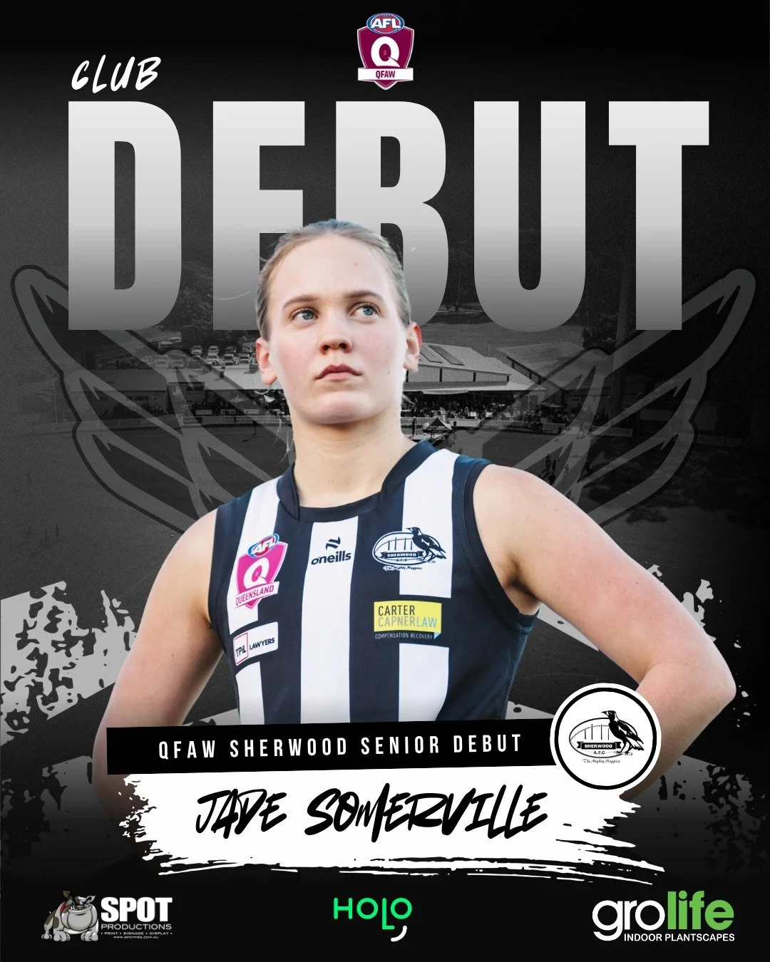 SHERWOOD CLUB DEBUTS 🏁

The Magpies welcome 3 x club debutants at Senior level this week in Jade Somerville, Nat Tan and Emily Windle.

Jade is a local Wests Junior who had two years with UQ in the QAFLW.  A smart, determined competitor she brings v