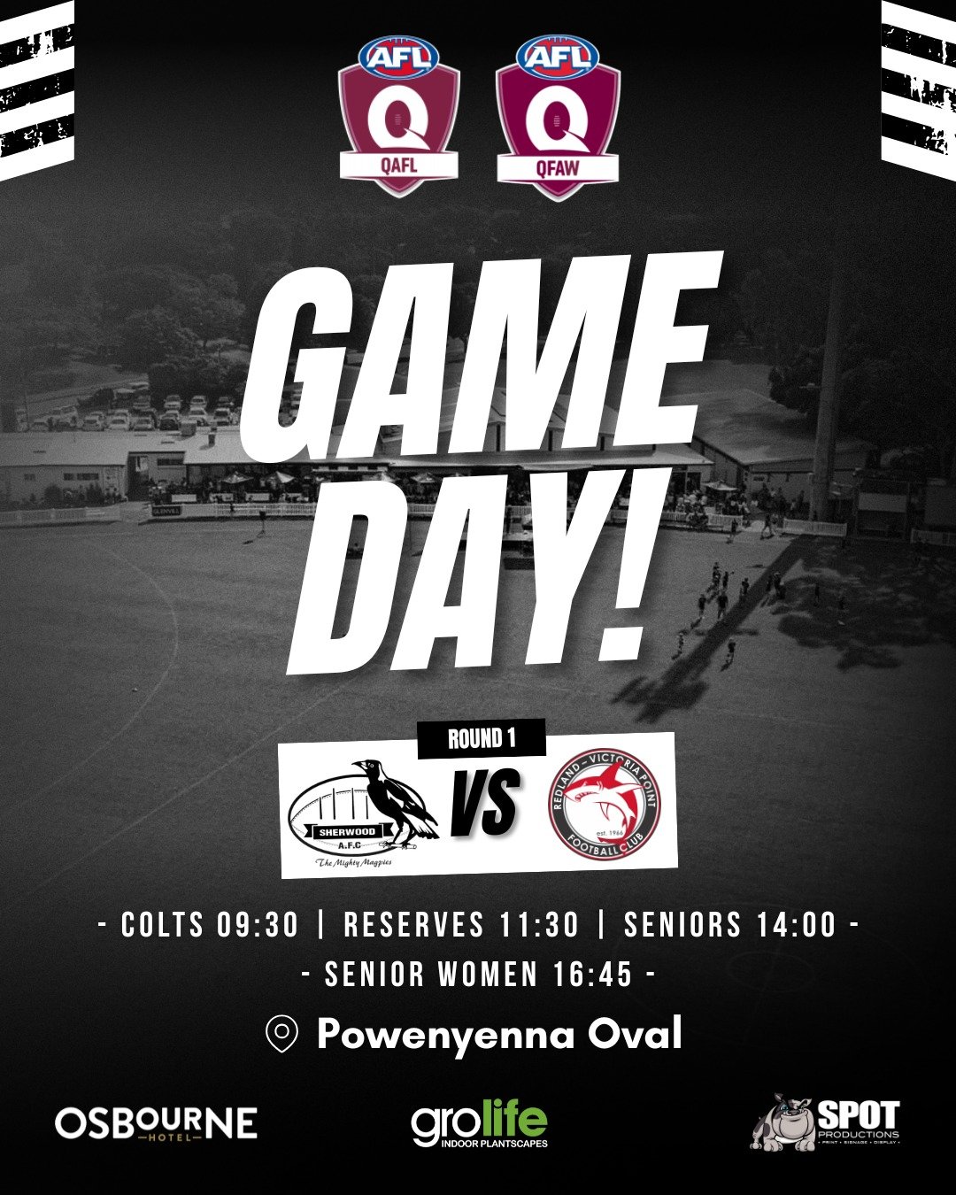 IT'S GO TIME - GAME DAY IS HERE 🏁

Super Saturday vs RVP with 4 massive games.

QAFL Colts: 930am ✅
QAFL Reserves: 1130am ✅
QAFL Seniors: 2pm ✅
QFAW Division 1: 445pm ✅

Lock in for a massive day at the footy!

See you soon.

#GoPies ⚫⚪⚫