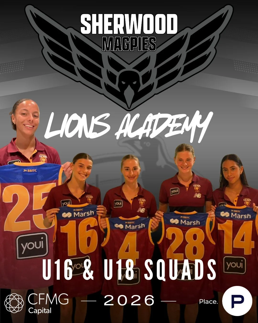 LIONS ACADEMY - FEMALE SQUADS 🦁✅

Congratulations to the 5 x current Magpies selected in the u18 and u16 Lions Academy squads for 2026.

Left to right: Aiyana Pritchard, Libby Robinson, Alice Gabauer, Eliza Staunton &amp; Florence Rizzo.

Aiyana, a 