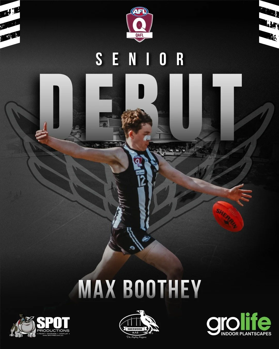 QAFL SENIOR DEBUT - MAX BOOTHEY ✅

This is a special one, with another u8 graduate progressing all the way through to the Senior side after 155 junior games in the Black &amp; White and 13 in the Colts - big Max Boothey makes his way into the Senior 