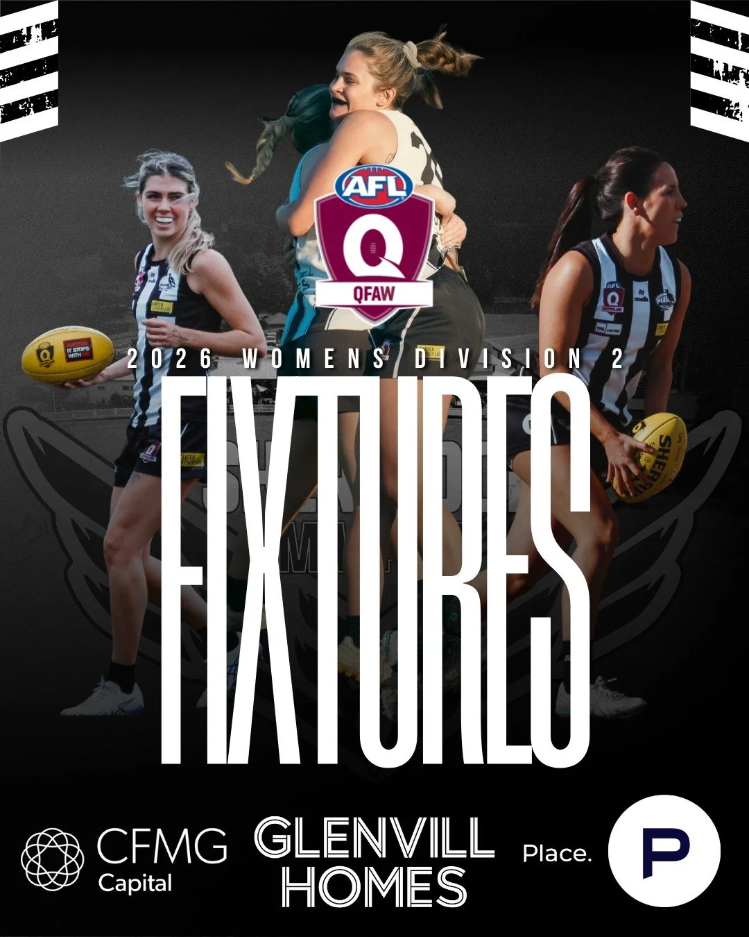 🏁 QFAW DIVISION 2 FIXTURES - 2026 🏁

Round 1 is just ONE week away and our Division 2 Women's teams are locked in and ready to go!

Get the dates in the diary and come out to show your support this season! 🙌

Let's make 2026 one to remember ⚫⚪⚫

#