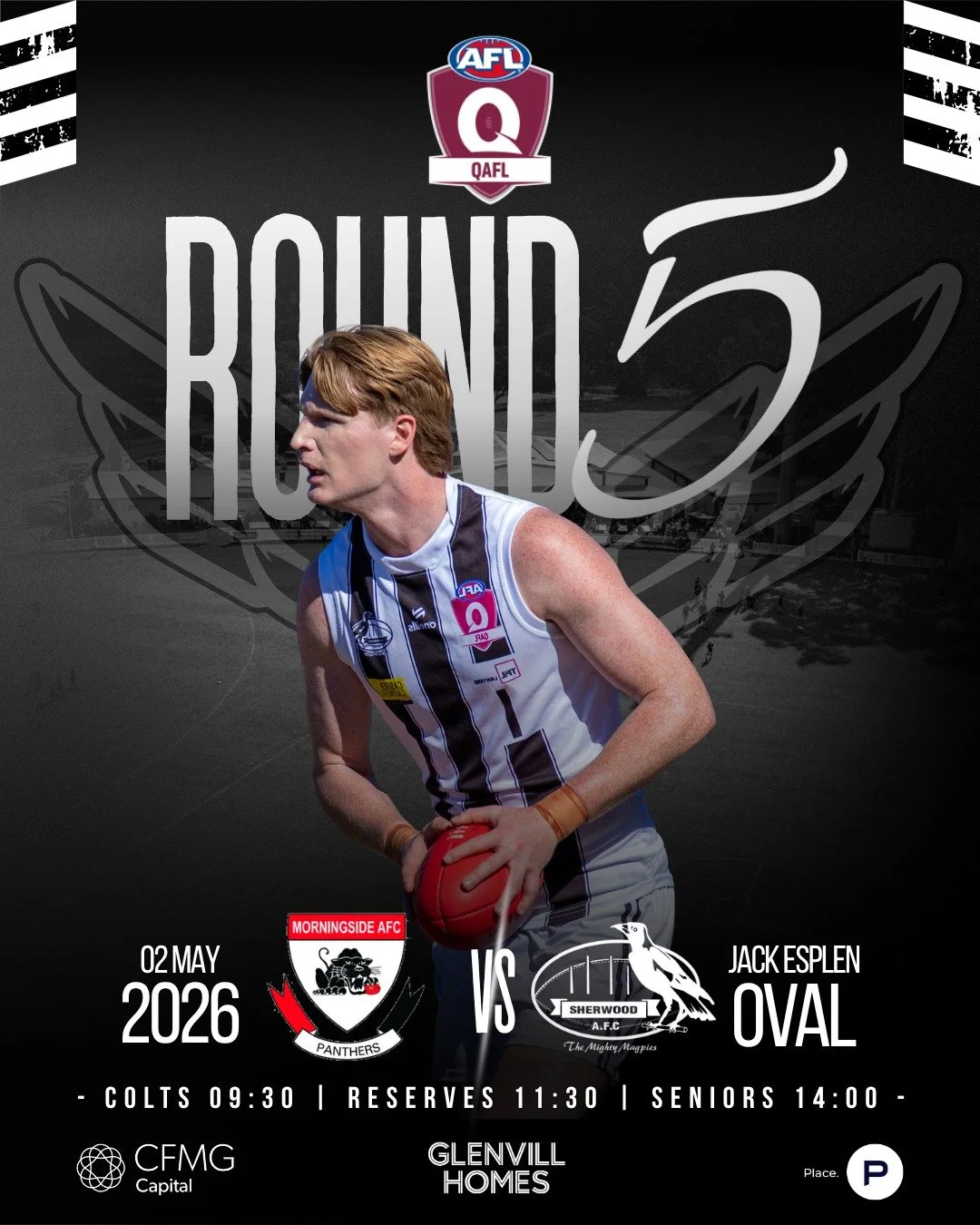 📣 QAFL Round 5 is HERE 📣

This Saturday, we're facing off against the Morningside Panthers at Jack Esplen Oval - Colts, Reserves &amp; Seniors all in action. 

Come out and support your mighty Magpies! 🐦&zwj;⬛🔥

📅 Saturday, May 2nd
⏰ Colts 9:30 