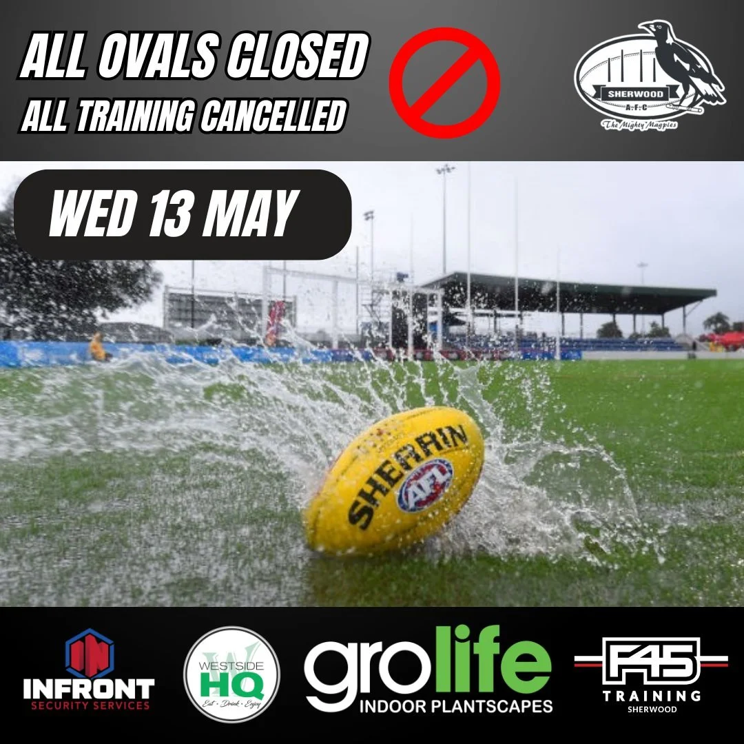 OVALS CLOSED - WED 13 MAY ❌

Huge weekend of footy coming up, and our playing surfaces are already just hanging on, with this mornings heavy rain resulting in extensive puddling in low spots and more rain predicted the fields will be closed today to 