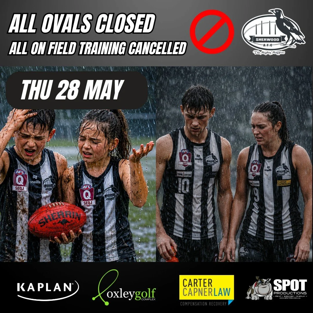 NO SURPRISES HERE ❌

With both ovals now submerged in water, there will be no training today.

Note that it remains extremely unlikely the fields will be ready for training or play on Friday 29th May given current conditions.

#GoPies ⚫⚪⚫