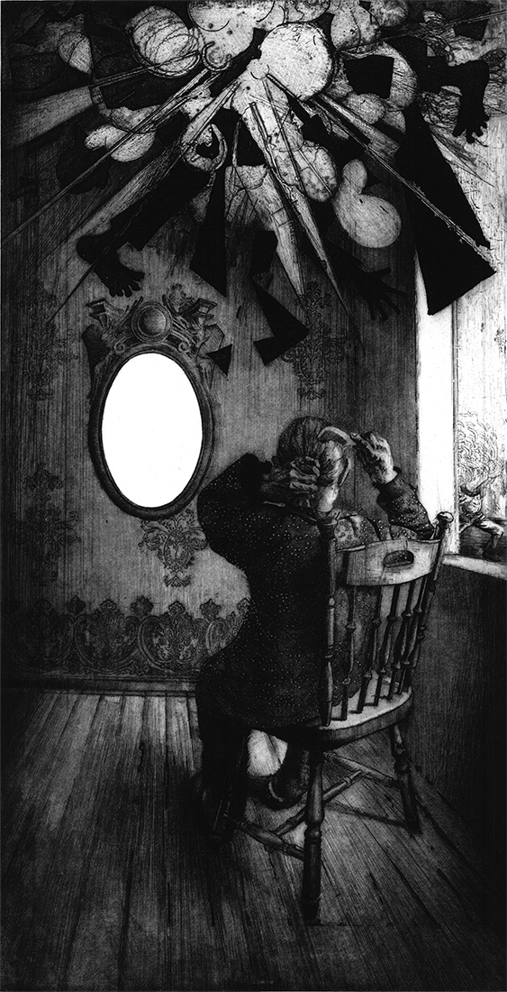 Grandma is combing her hair while the village is on fire 2011 etching, aquatint and dry point 30x16