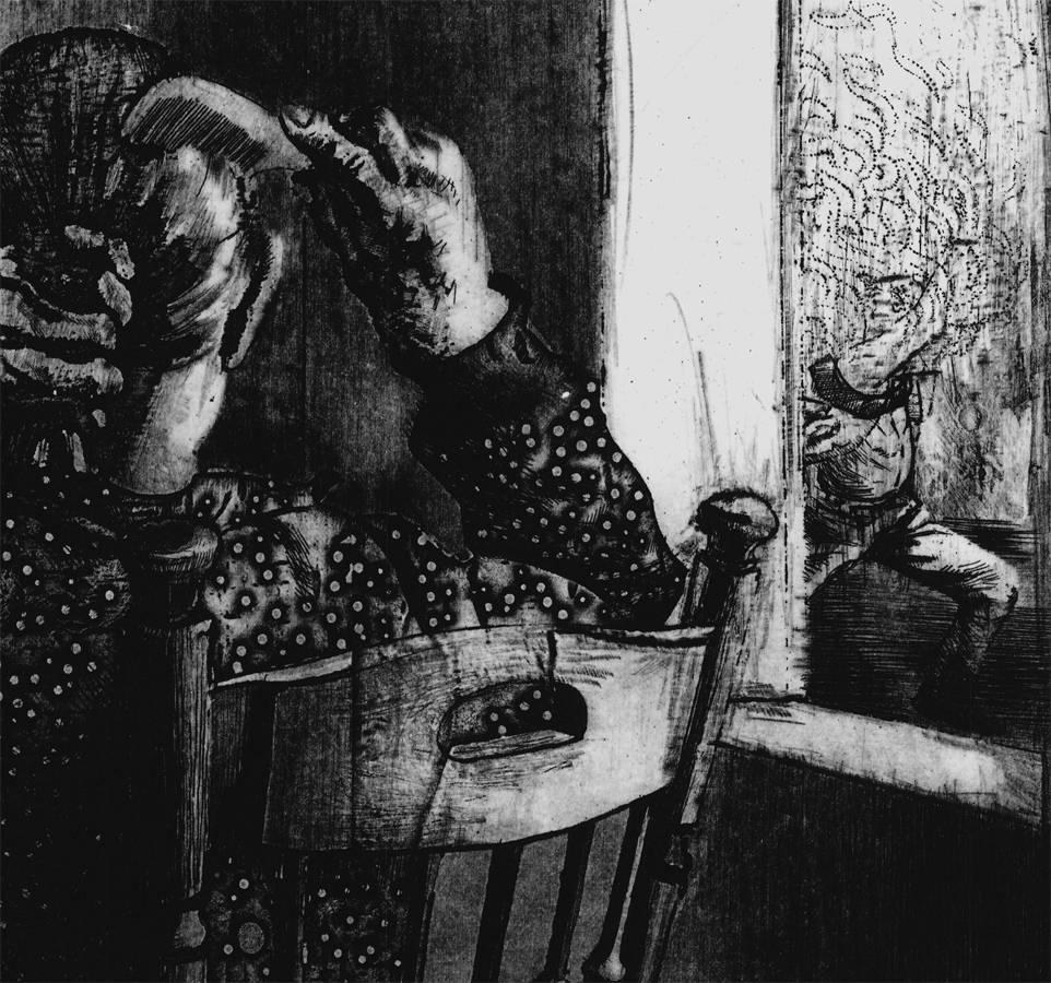 (detail) Grandma is combing her hair while the village is on fire, etching, aquatint and dry point