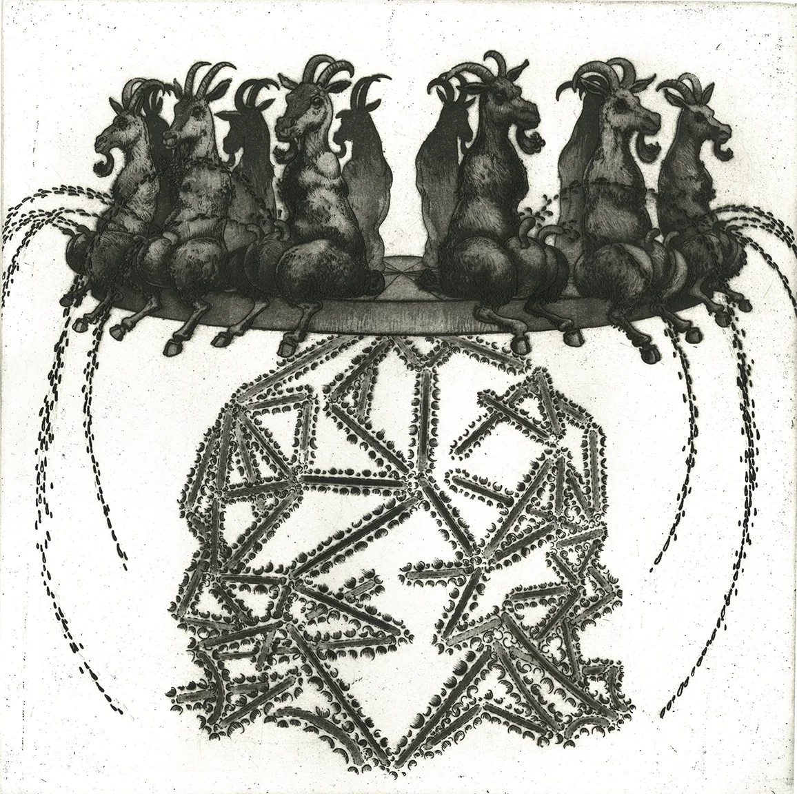Monument to the Mass execution of Goats in The Republic of Macedonia in the Year of 1949, 12x12", intaglio print on hahnemuhle paper, 2015