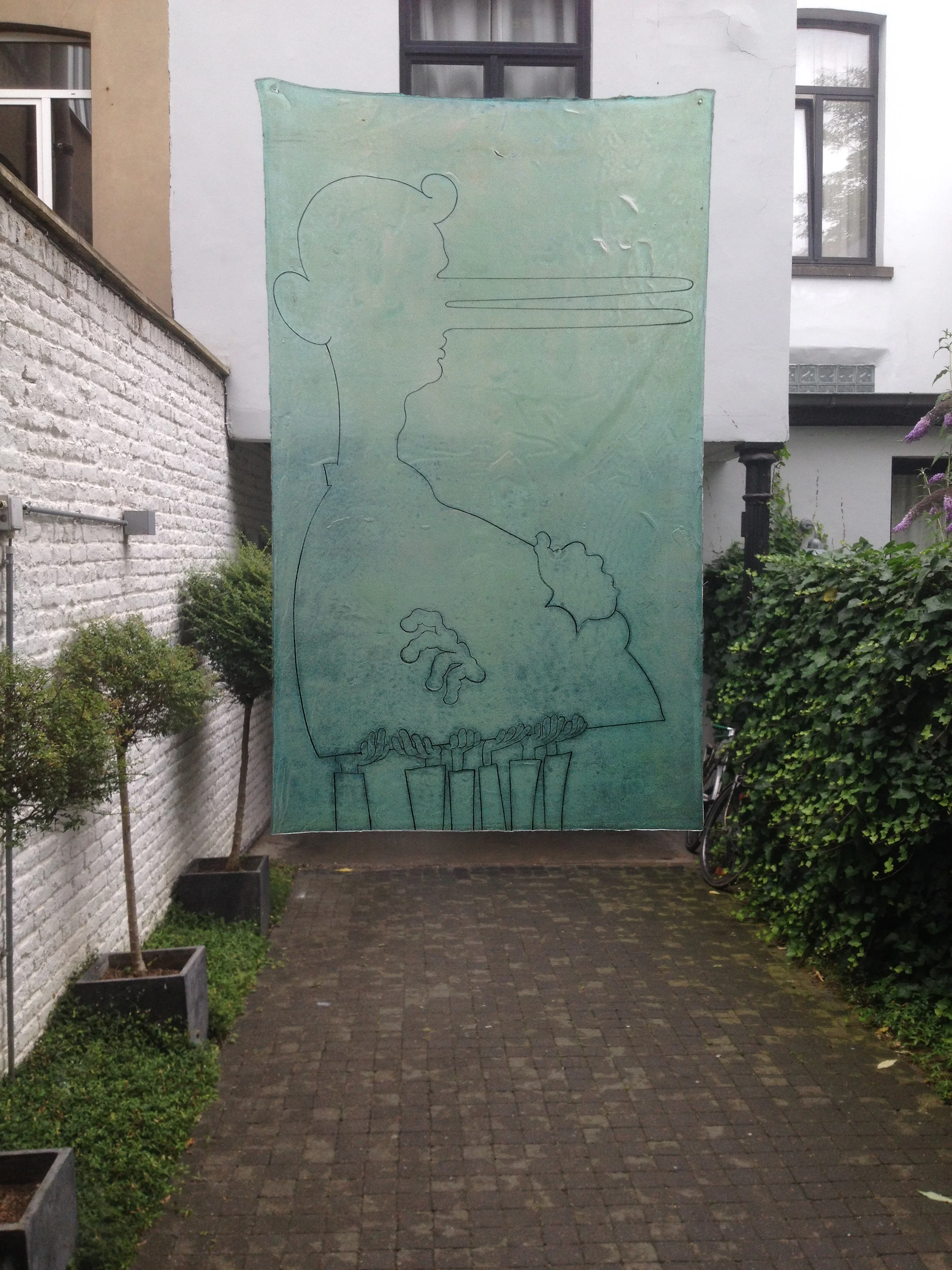 The Father, etching printed in acrylic, installed on a window at H 18 Gallery in Brussels, Belgium, 22x13", 2015