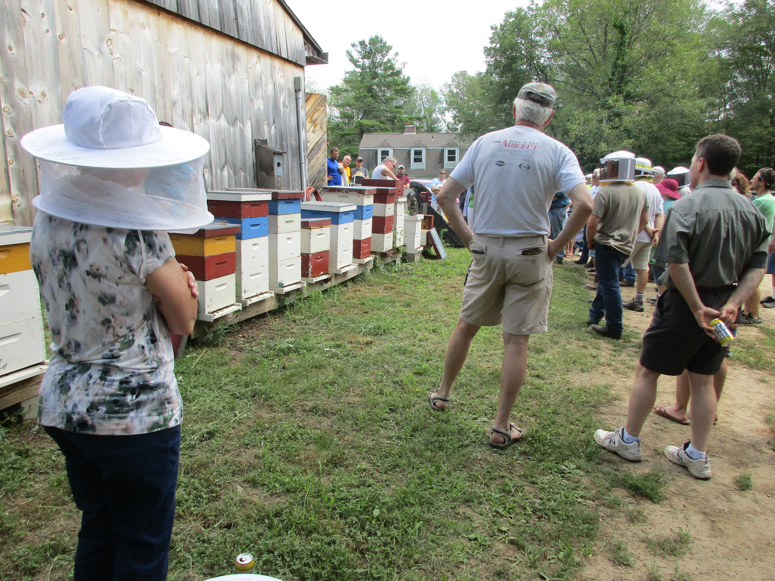 Bee demo. Adam is the guy in the white t-shirt, behind the bee hives. Each of those bee hives have bees.
