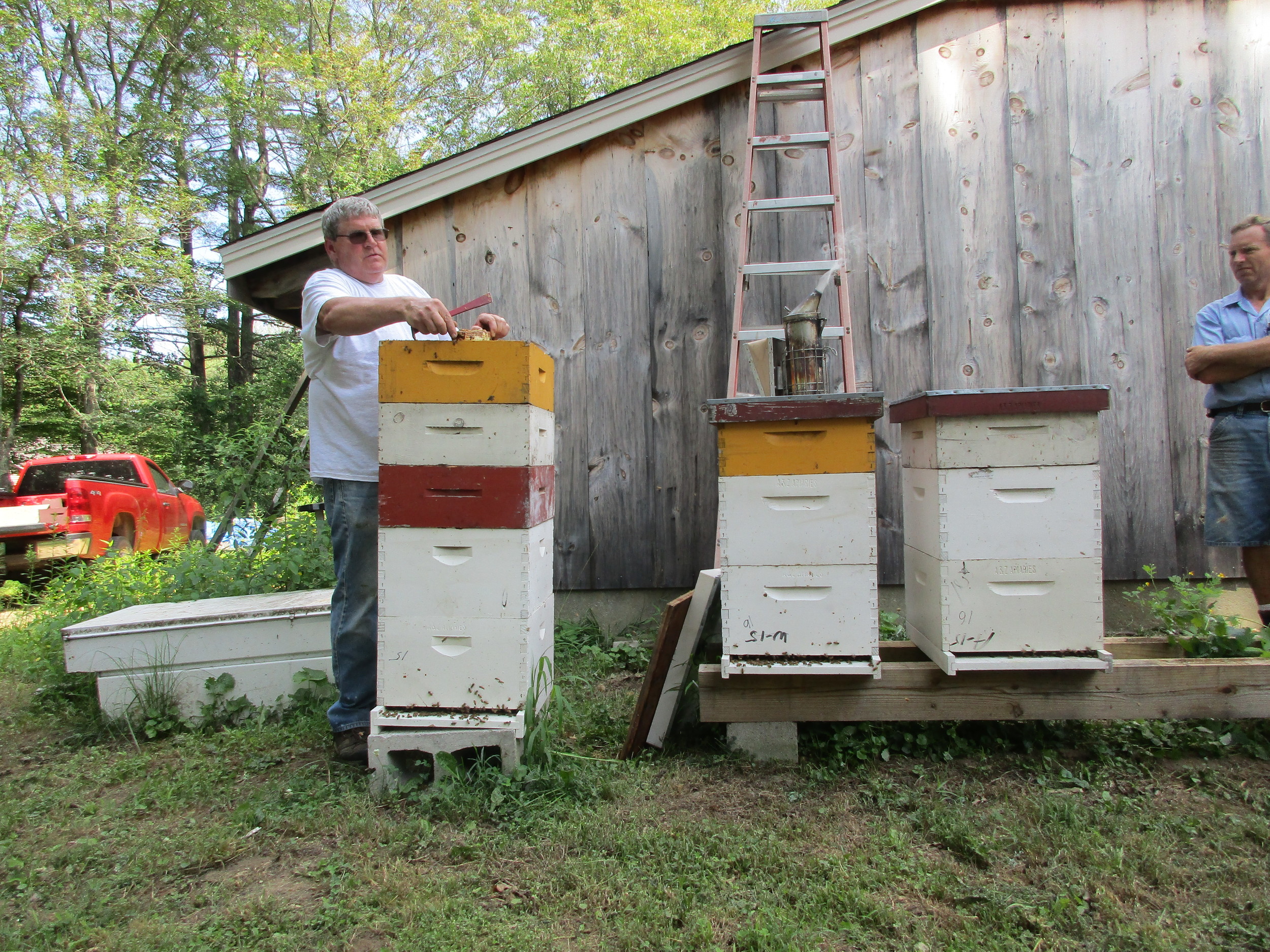 Adam whipping out a honey-filled frame. Note how he is not bothering with gloves! I guess I got too interested after this - no pictures of honey filled frames.
