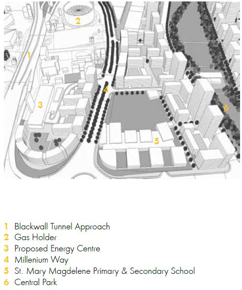 Knight Dragon's proposals for a revised Greenwich Peninsula Masterplan (2015) show the Energy Centre within the Lower Brickfields neighbourhood