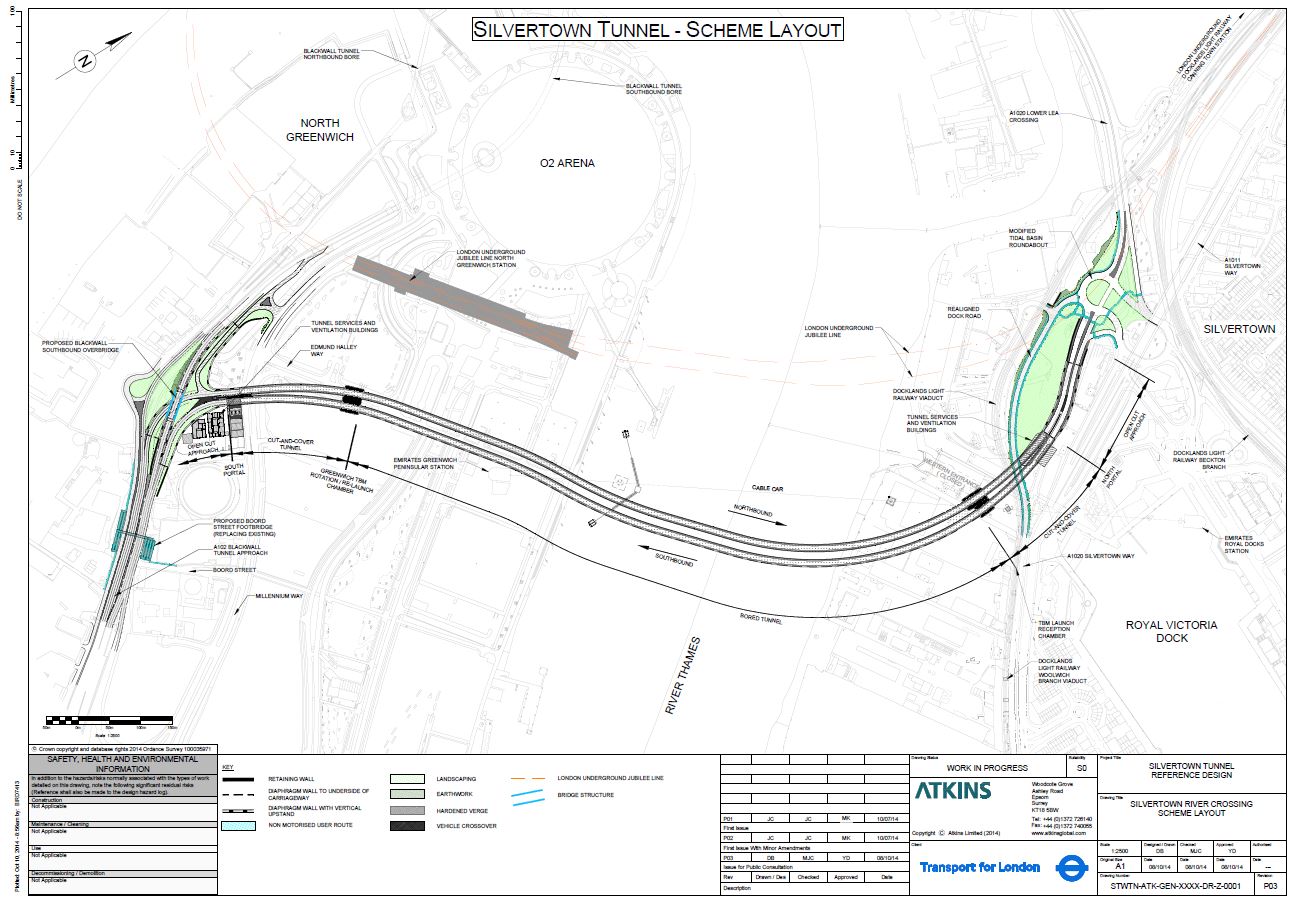 Proposed layout of Silvertown Tunnel (TfL, March 2014) on both sides of the River Thames