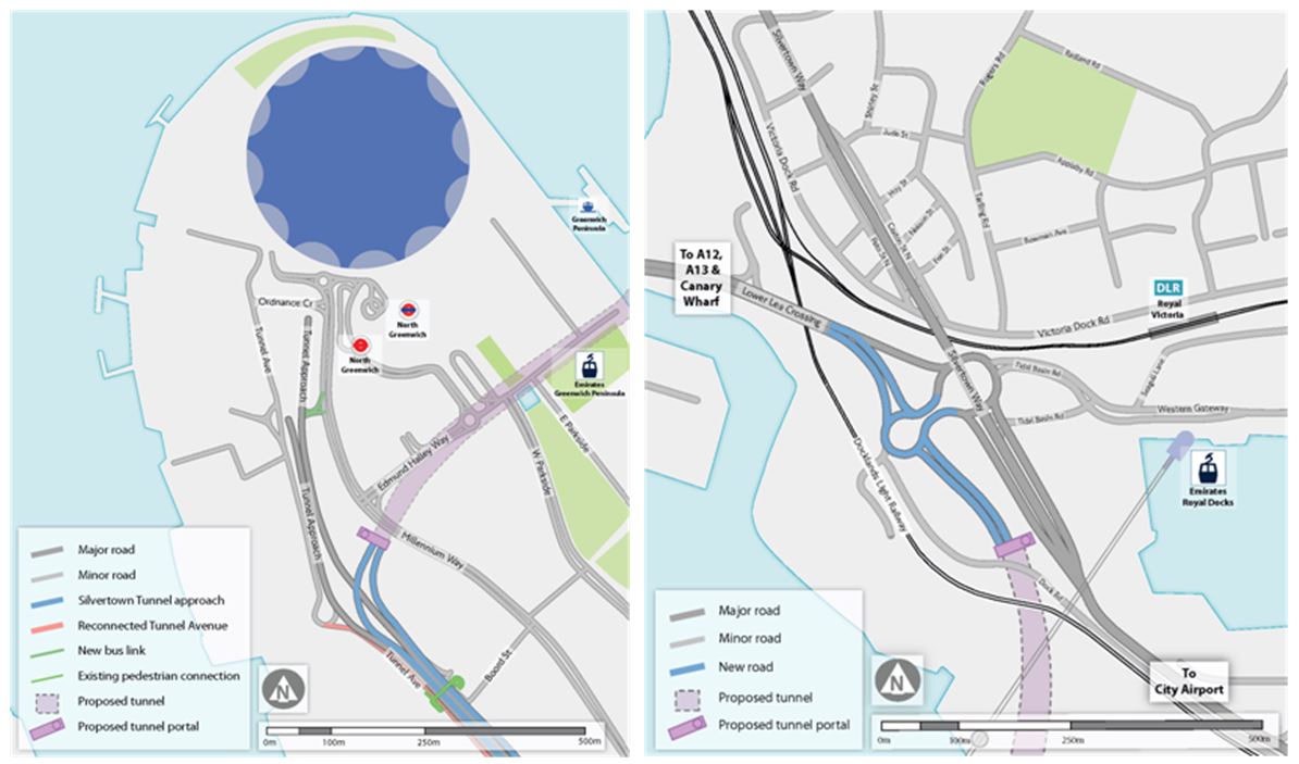 Proposed route of Silvertown Tunnel - Greenwich Peninsula and Silvertown junctions (TfL)