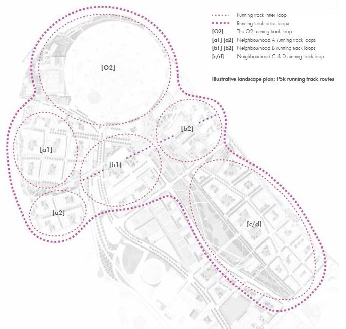Routes of the proposed P5k running track around the Greenwich Peninsula (Knight Dragon)