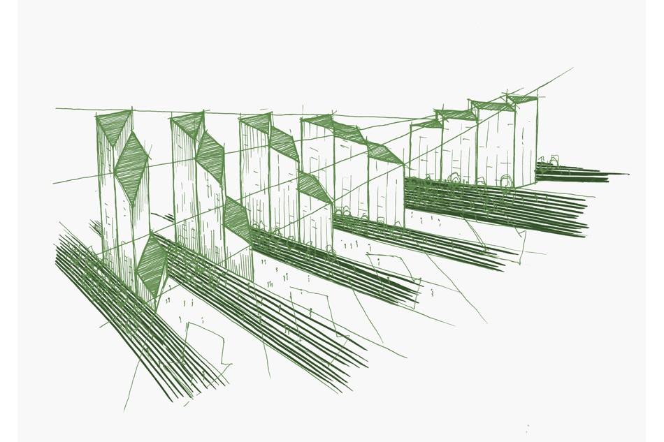 Sketches of elevations over the Upper Riverside Development (Greenwich Peninsula)