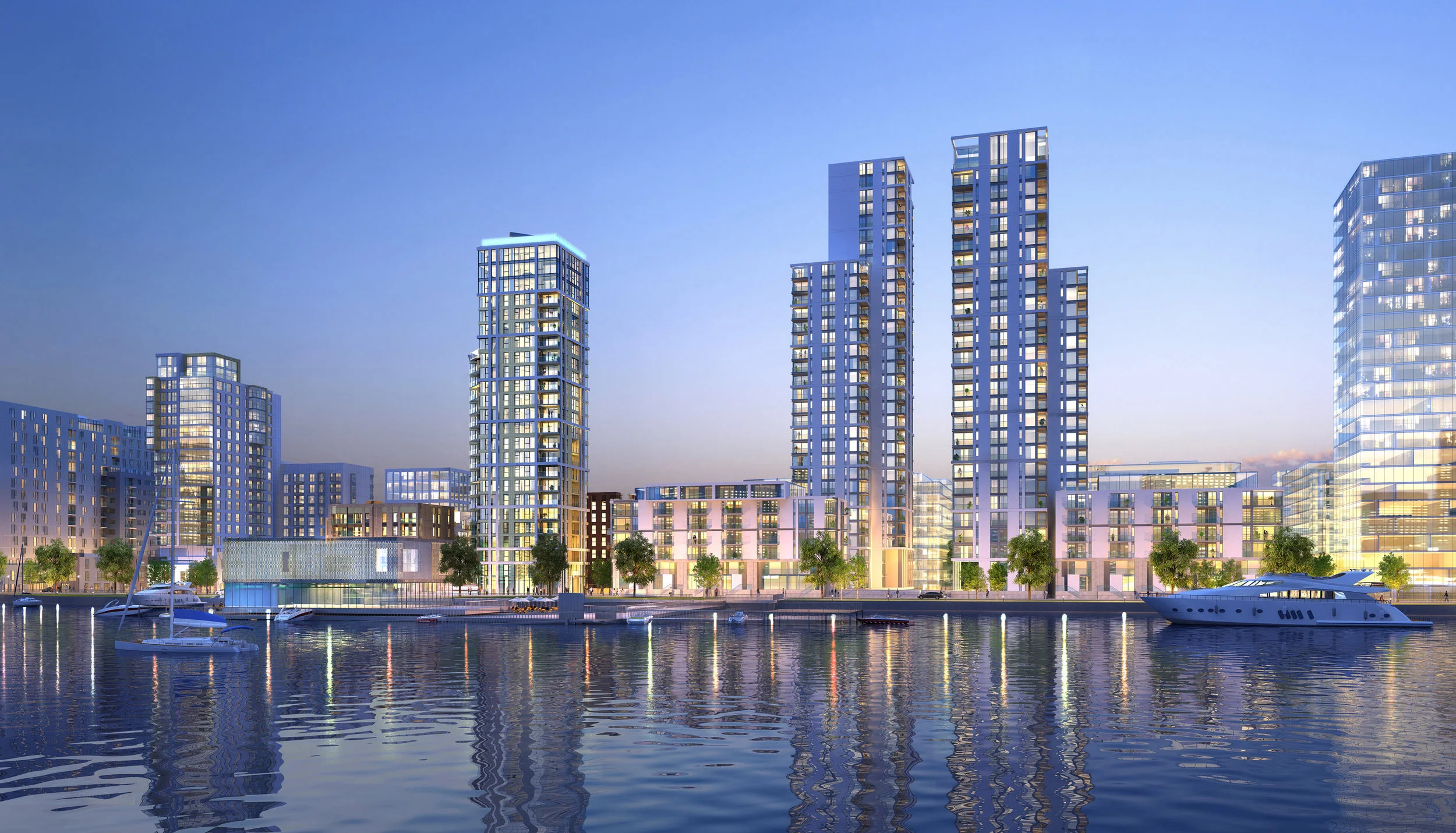 CGI: Lower Riverside developments fronting the river, (left to right): Bellway's Platinum Riverside and City Peninsula and Knight Dragon's Jetty, Lighterman, Waterman and M0121 (Knight Dragon/CJCT)