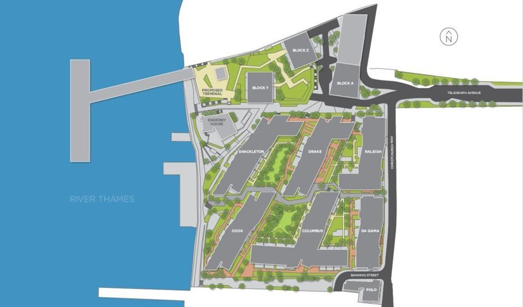 Barrat Homes' latest site plan of Enderby Wharf, reflecting changes to the Enderby Place area to the north of the site.