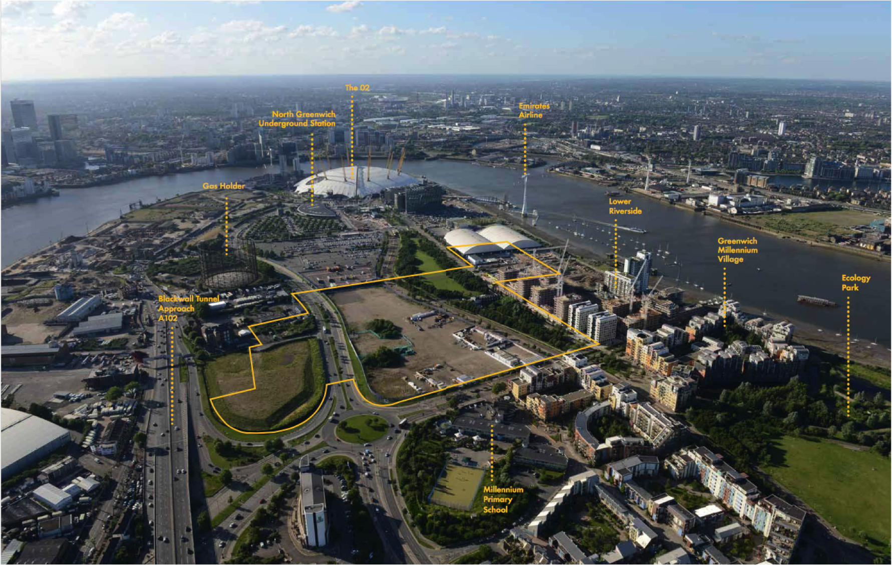 Aerial view north across the Greenwich Peninsula (photo from 2013) highlighting Development Zone C
