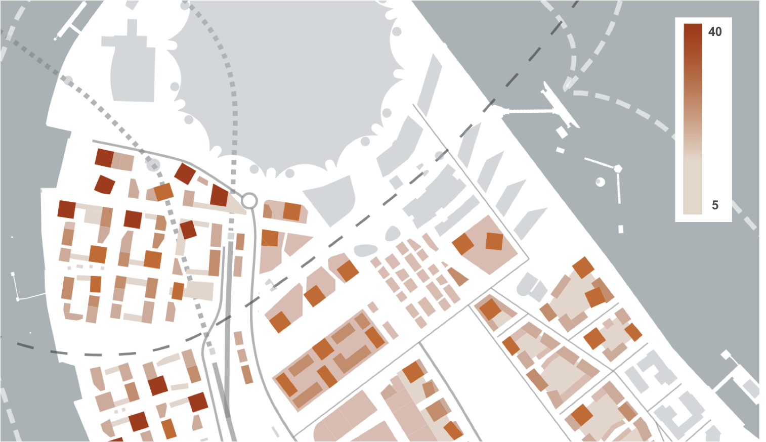 Distribution of tall buildings around the north of the Peninsula
