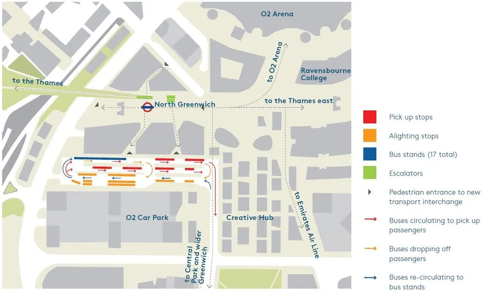Illustration of new bus station , south of redeveloped North Greenwich tube station