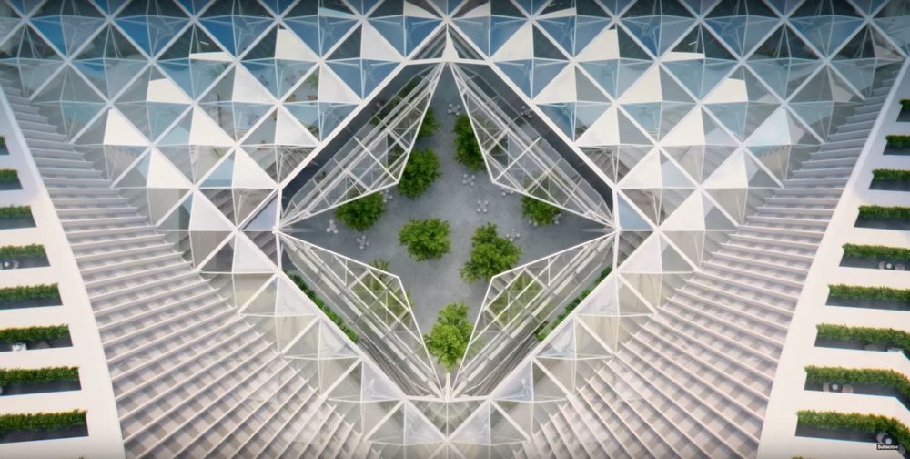 "An urban forest sits beneath a glass cupola, which floods the space with natural light"