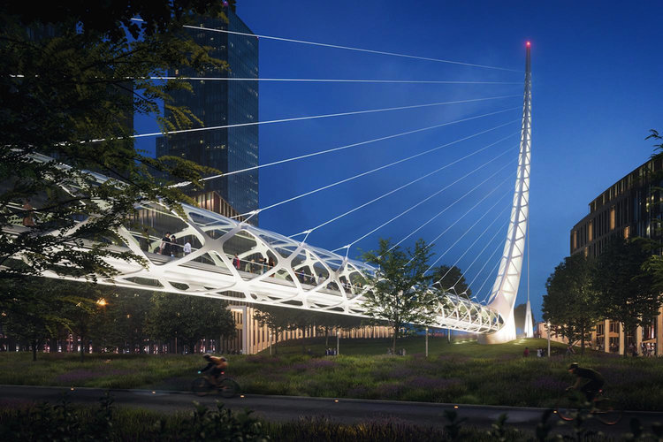 A Calatrava-designed footbridge replaces earlier plans for a "green bridge" spanning three busy roads