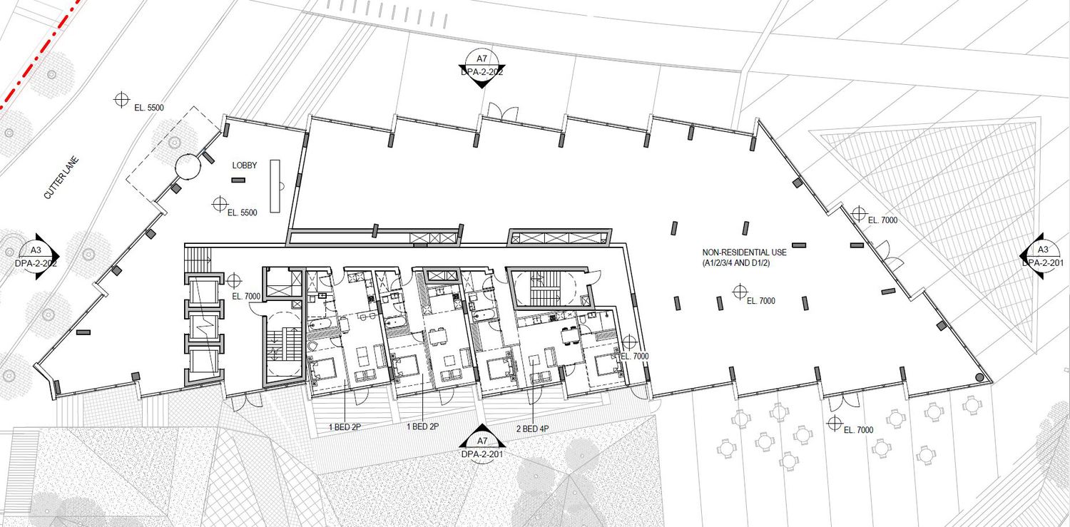 Ground floor plan of Building No. 2 Upper Riverside, showing likely commercial space facing onto the plaza