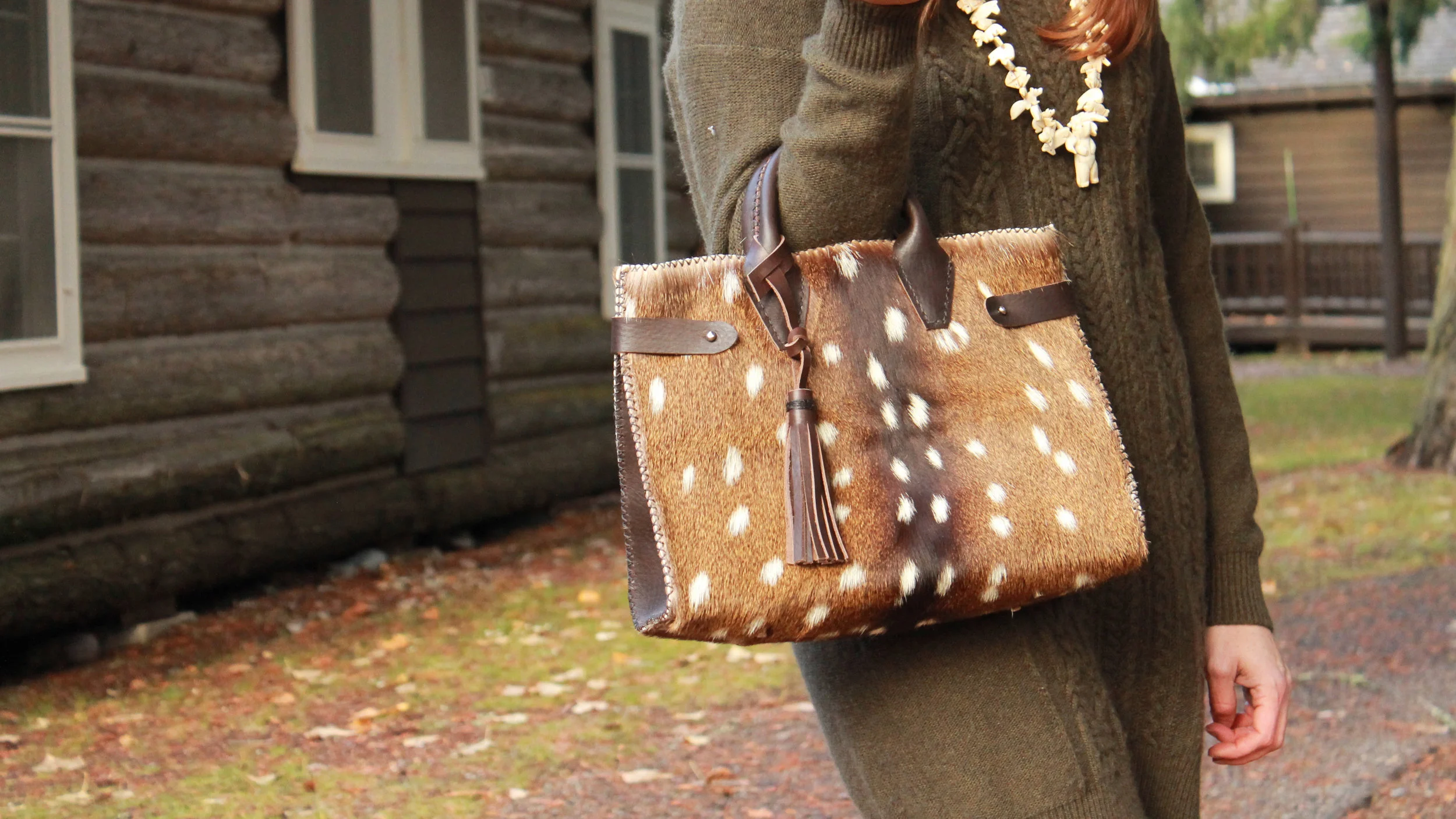 Axis Deer Fur Deer Skin Purse RTS Exclusive Flannel Deer Tote Bag Deer Hide Axis Weekend Handbag Leather Fuzzy Deer Skin Makeup Purse DOM-114684
