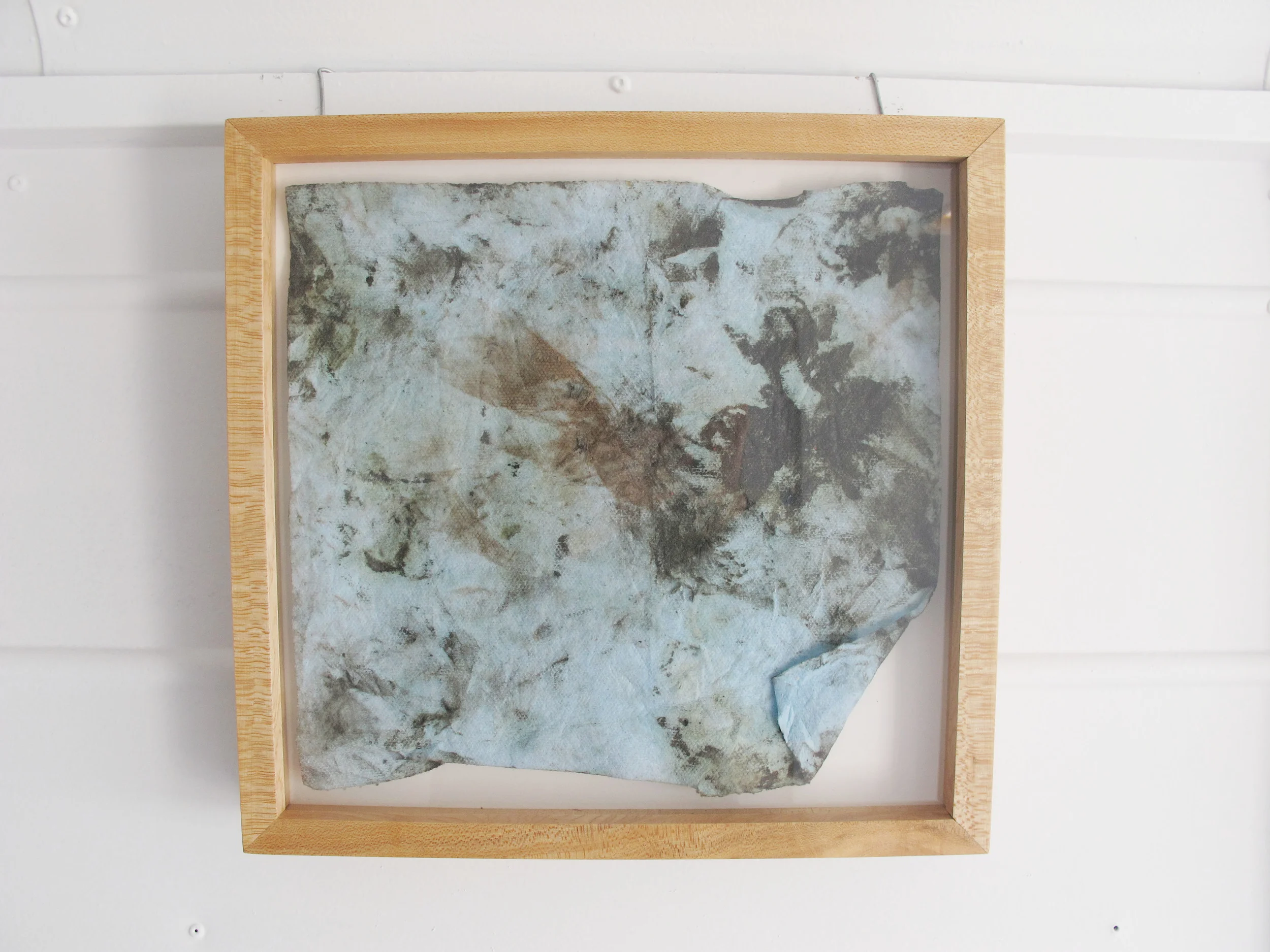 poetics of labor (series of 2/6), 2013 blue shop towels, rust, dirt, oil 12.5" x 13''