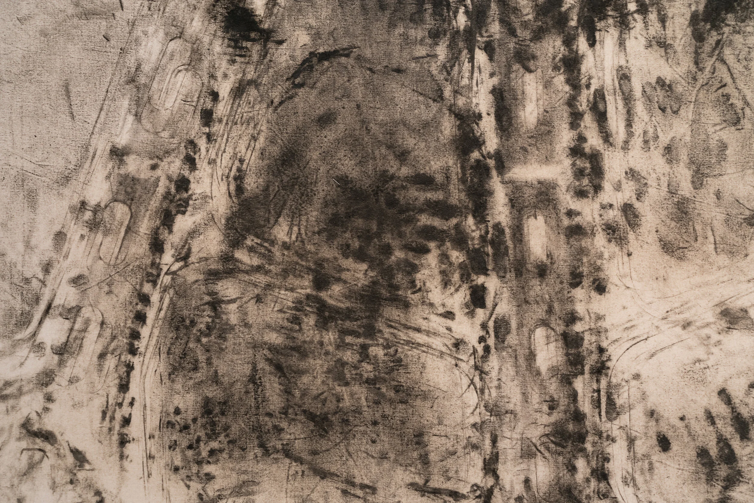 Breathing , 2019 motor oil and Southern California rubbing from 1987 white Ford Ranger on muslin 56 1/2 x 41 inches. © Copyright 2025. All rights reserved.