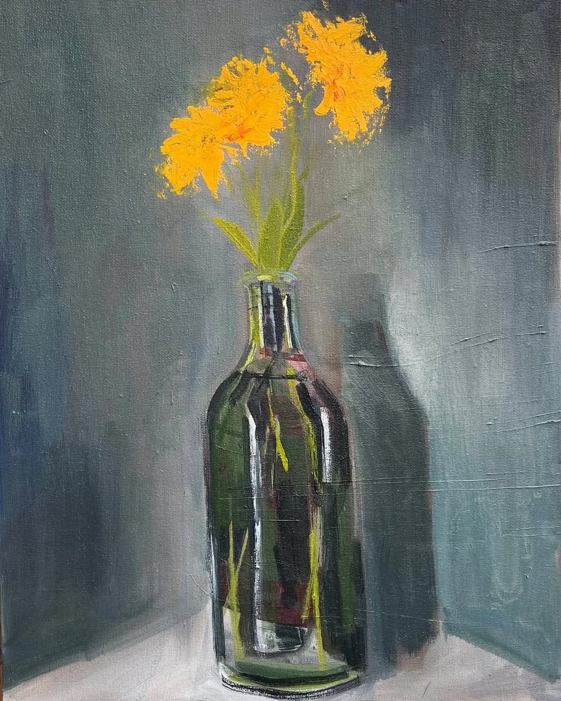 Coreopsis #daisy #yellow #summer #still-life #flowers #glass #bottle #oils #colour